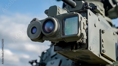 Detailed Close up View of a Tank s Advanced Anti Drone Radar System Scanning the Skies and Monitoring the Airspace for Potential Aerial Threats and Incoming Drones