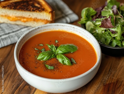 Tomato Soup with Basil Garnish and a Side of Salad photo