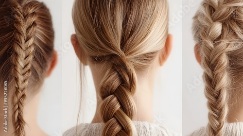 Detailed close up view showcasing the intricate weaving and tight plaiting of a feminine fishtail braid hairstyle on a woman s hair captured from the front side photo