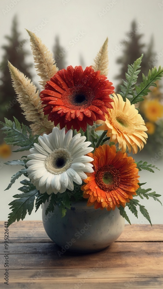 Obraz premium painting of a bouquet of flowers in a vase , vibrant gerbera flowers. There are also two sprigs of pampas grass, two baby eucalyptus leaves, and a fern leaf. 
