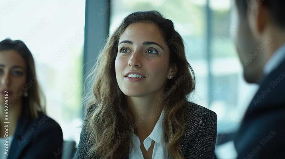 Professional Woman Engaging in Meeting Discussion Professional Woman Engaging in Meeting Discussion