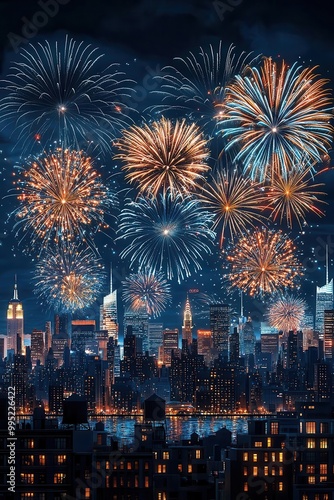 Happy New Year 2025, fireworks over city skyline, festive night, 3D illustration photo