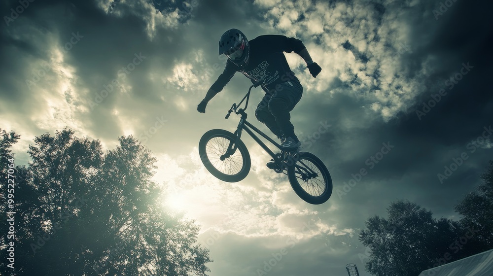 Thrilling BMX Aerial Stunt: American Athlete in Dramatic Urban Park Setting Thrilling BMX Aerial Stunt: American Athlete in Dramatic Urban Park Setting