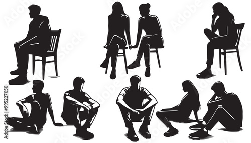 People sitting pose while sit down silhouette Set vector illustration design black and white