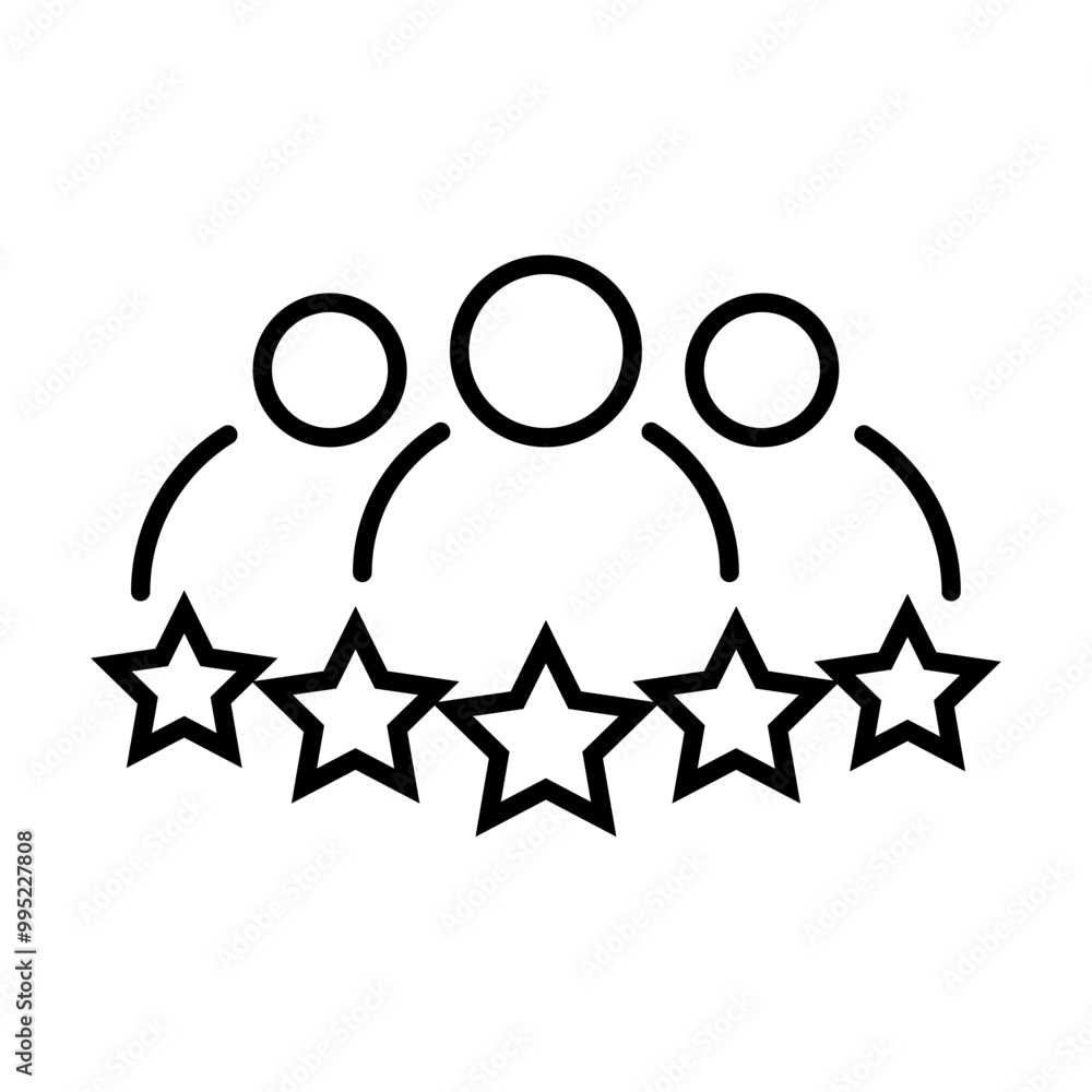 People group with 5 stars vector outline icon premium product quality rating flat logo. Team work symbol. Group of humans sign For your web site design, logo, app, UI. illustration People group with 5 stars vector outline icon premium product quality rating flat logo. Team work symbol. Group of humans sign For your web site design, logo, app, UI. illustration