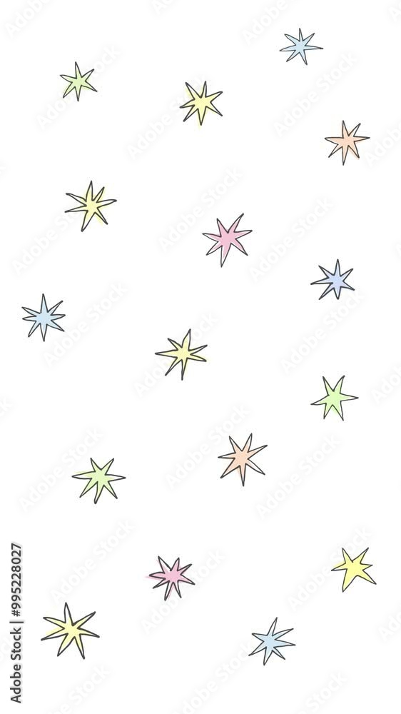 Rough hand drawn small stars doodle with color. Shining star, spark, twinkle, sparkle. Cute ink pen texture. Animated vertical loop video on white background. Rough hand drawn small stars doodle with color. Shining star, spark, twinkle, sparkle. Cute ink pen texture. Animated vertical loop video on white background.