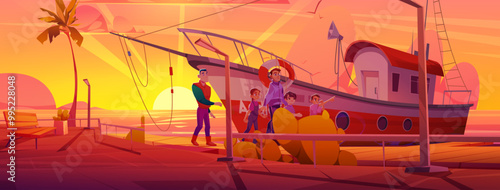Happy smiling men and teen kids walking on wooden pier deck of sea or river shore on sunrise or sunset. Cartoon vector family or friends going along waterfront street with docked fishing boat.