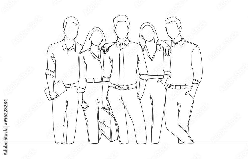 Continuous one line drawing of young office workers standing together confidently, professional business team concept, single line art. Continuous one line drawing of young office workers standing together confidently, professional business team concept, single line art.