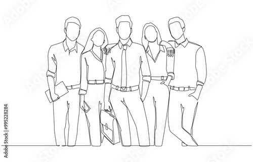 Continuous one line drawing of young office workers standing together confidently, professional business team concept, single line art.