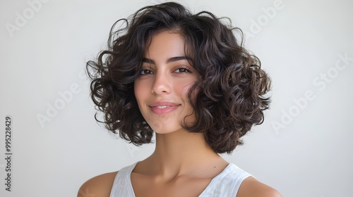 Detailed perspectives of a shoulder length curly bob hairstyle with tight curls adding texture and volume  The image showcases the front side