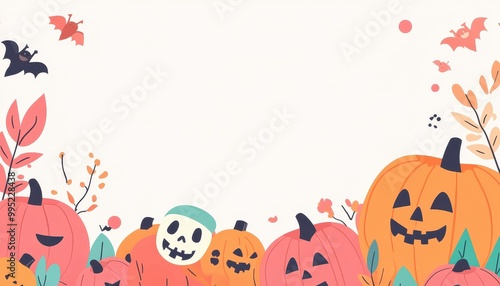 A Border of Colorful Pumpkins and Bats for Halloween