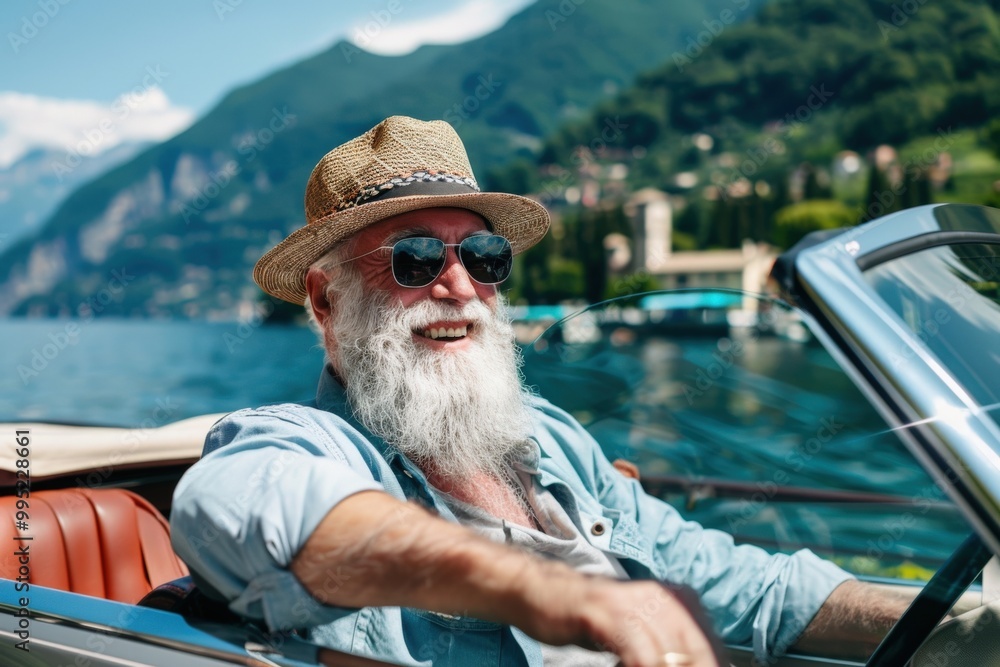 A man in a white hat and sunglasses is driving a car generative ai A man in a white hat and sunglasses is driving a car generative ai
