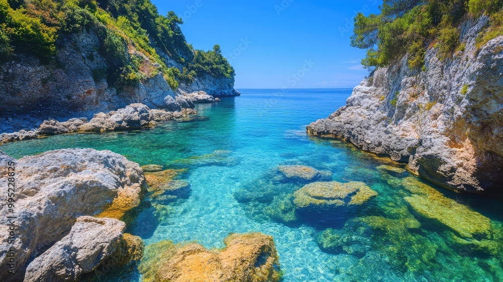 A secluded cove with crystal-clear waters and colorful marine life A secluded cove with crystal-clear waters and colorful marine life