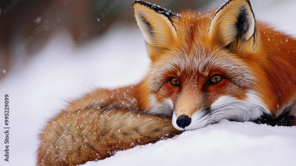 Obraz premium A close-up of a red fox's sharp gaze, with its fluffy tail curled around its body in the snow.
