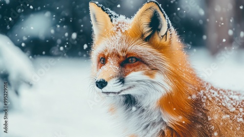 A close-up of a red fox standing in the snow, its fur thick and fluffy, with sharp eyes gazing into the distance.