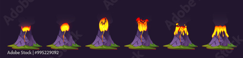 Volcano eruption animation set isolated on black background. Vector cartoon illustration of hot lava flowing from mountain, cloud of volcanic smoke above rocky crater, natural disaster, sprite sheet