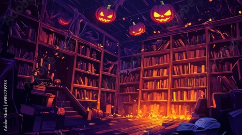 A Halloween-Themed Library with Jack-O'-Lanterns and a Burning Fireplace