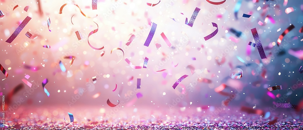 Bright glittering streamers and confetti falling in slow motion over a soft, glowing gradient background, creating a festive atmosphere Bright glittering streamers and confetti falling in slow motion over a soft, glowing gradient background, creating a festive atmosphere