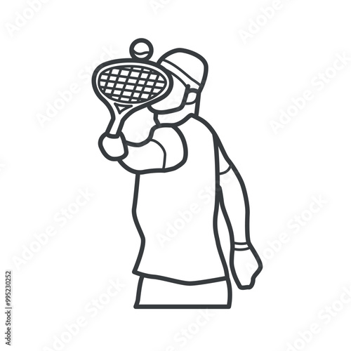 Linear vector icon of a player defending (returning the ball). Simple black and white illustration in line art style. Perfect for sports, tennis actions, and athlete-related designs.