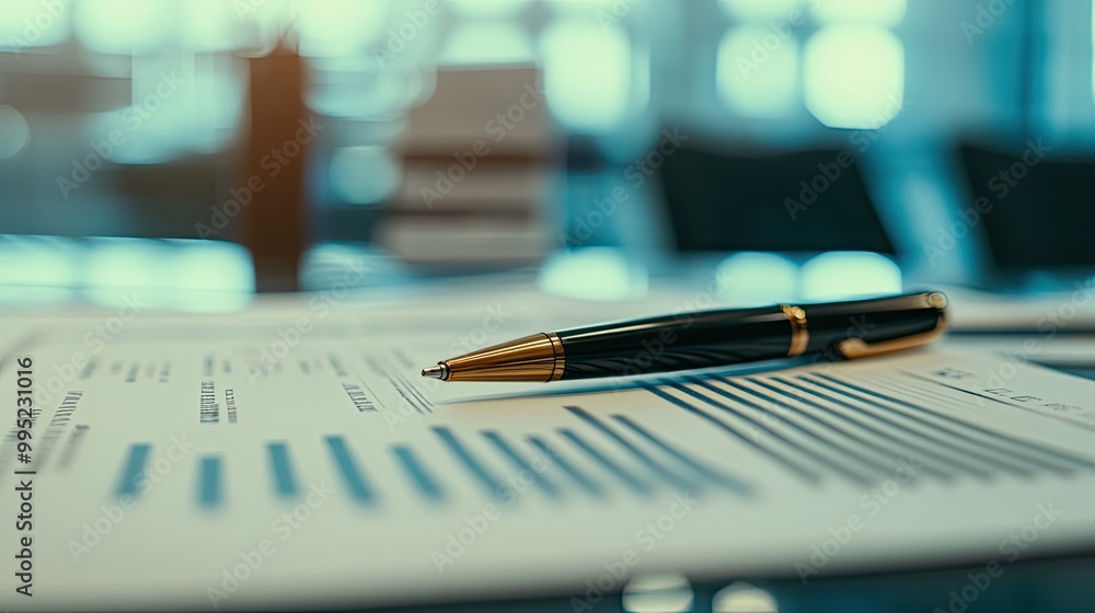 A close-up of business documents and a pen laid out neatly on a conference room table. A close-up of business documents and a pen laid out neatly on a conference room table.