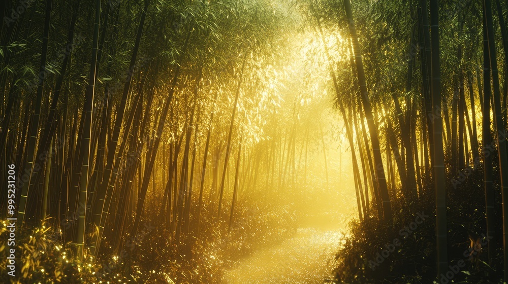 Fototapeta premium A serene bamboo forest illuminated by soft, golden light