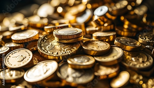 Luxurious display of gold nuggets, coins, and artifacts glimmering in the light photo