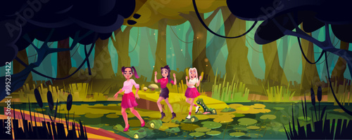 Teen girls running from dangerous crocodiles in rainforest swamp. Vector cartoon illustration of female teenage friends walking in jungle, liana vines on tropical trees above lake water, nightmare