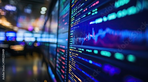 A close-up of stock market data displayed on multiple monitors in a modern financial office.