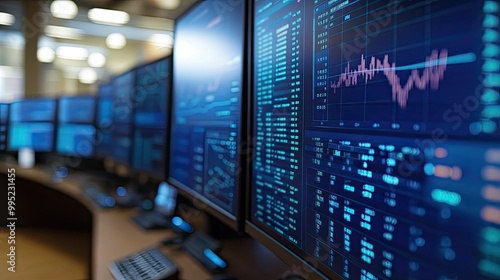 A close-up of stock market data displayed on multiple monitors in a modern financial office.