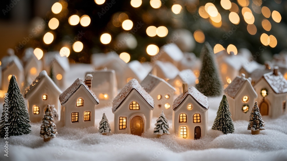 Christmas Snow Falling on Burning light background with little toy houses Christmas Snow Falling on Burning light background with little toy houses