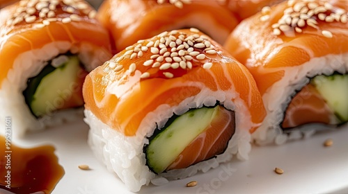 Wallpaper Mural A close-up of sushi rolls with salmon, avocado, cucumber, and rice, garnished with sesame seeds and soy sauce. Torontodigital.ca