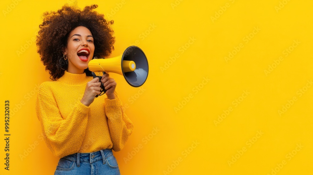 Obraz premium Black Friday flyer background with a woman on a yellow background using megaphone and copy space