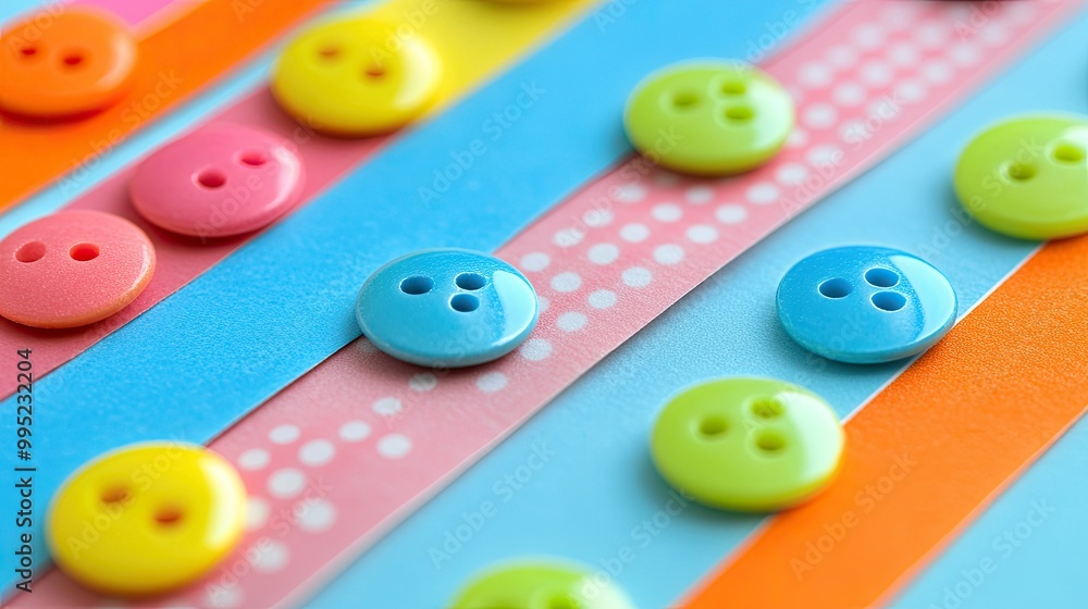 A close-up view of colorful candy buttons on a strip of paper, their cheerful dots forming a fun and playful pattern A close-up view of colorful candy buttons on a strip of paper, their cheerful dots forming a fun and playful pattern