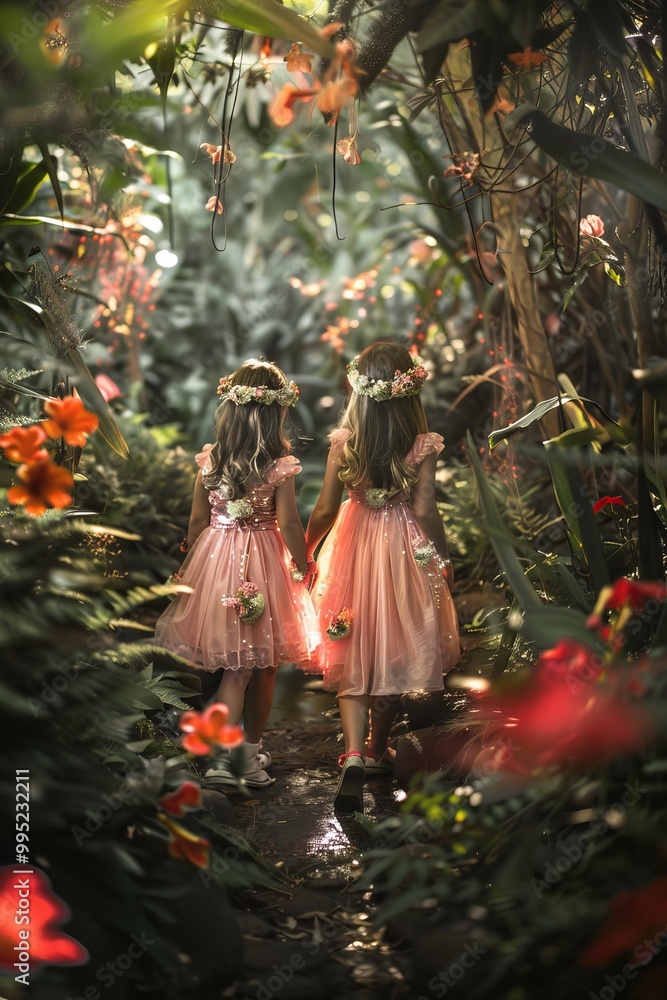 Two girls are walking through a forest, wearing pink dresses Two girls are walking through a forest, wearing pink dresses