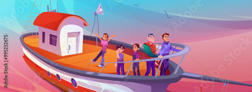 Men and teen kids tourists on fishing boat in sea or ocean on sunrise or sunset. Cartoon vector family or friends trip along river on fisher ship. Passengers traveling on yacht.