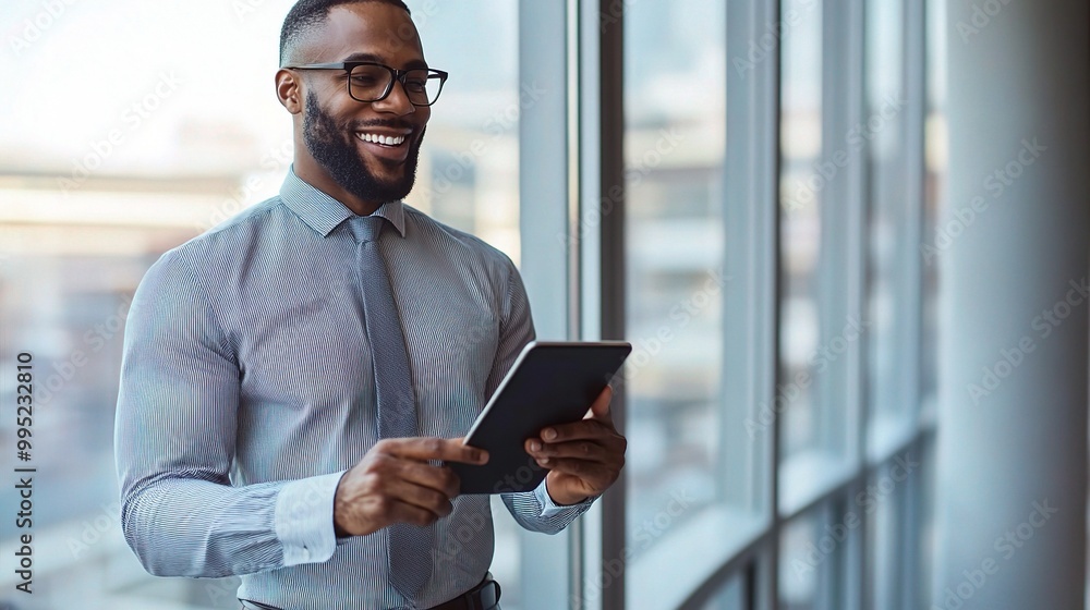 Professional Man Using Tablet in Modern Office Setting Professional Man Using Tablet in Modern Office Setting