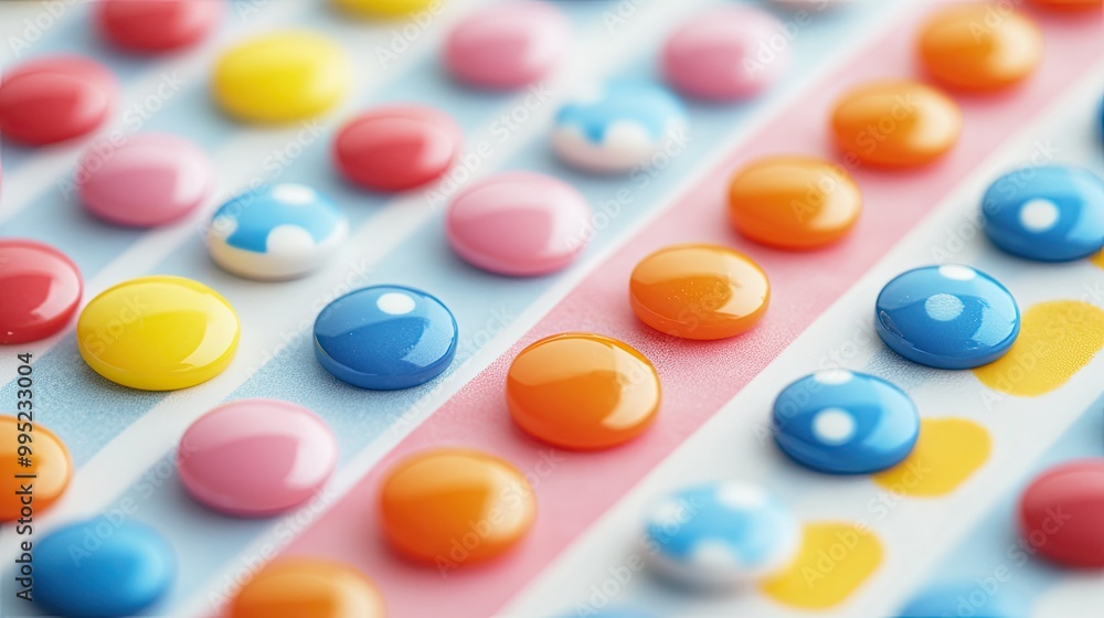 A close-up view of vibrant candy buttons on a strip of paper, with cheerful dots creating a playful and nostalgic pattern A close-up view of vibrant candy buttons on a strip of paper, with cheerful dots creating a playful and nostalgic pattern