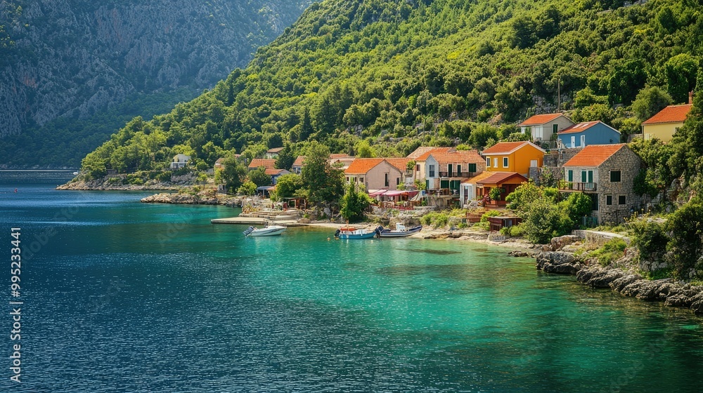 Fototapeta premium A coastal village with colorful houses nestled against steep hills, overlooking a calm, clear sea.