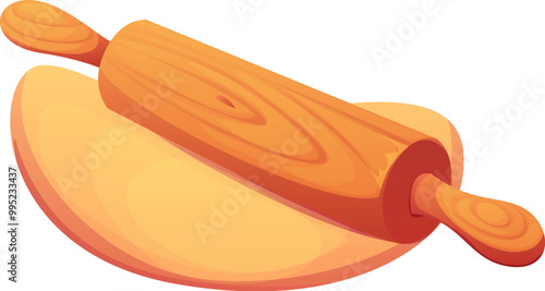 Wooden rolling pin on flattened dough representing cooking process and food preparation for baking. Cartoon vector culinary, recipe, and kitchen theme empathizes tradition and homemade food creation