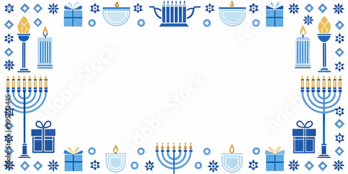 Modern Flat Border Frame with Dreidel and Menorah Symbols - Ideal for Hanukkah Promotions with White Copy Space in Simple Vector Design