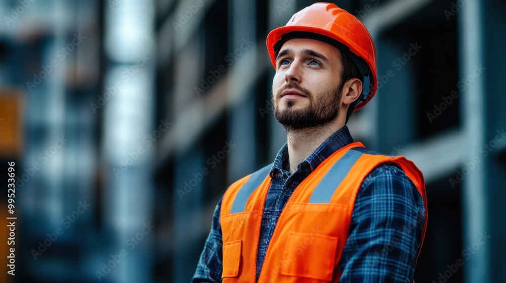 Construction worker in safety gear looks up thoughtfully at a building site during daylight hours Construction worker in safety gear looks up thoughtfully at a building site during daylight hours
