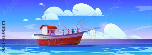 Men and teen kids tourists on fishing boat in sea or ocean catching fish with rod. Cartoon vector family or friends summer vacation trip on ship. Persons with pole angling on yacht.