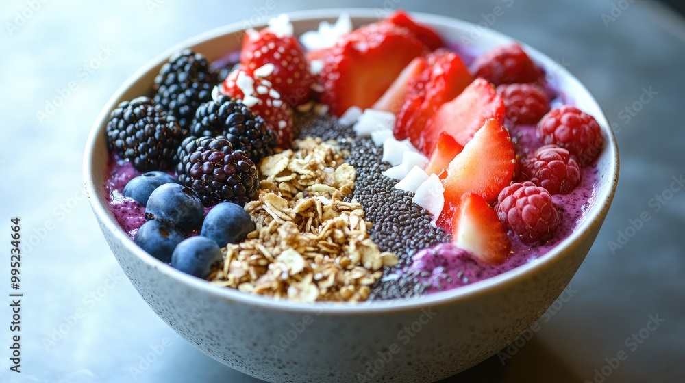 A colorful acai bowl topped with fresh berries, coconut flakes, chia seeds, and granola, served with a smoothie. A colorful acai bowl topped with fresh berries, coconut flakes, chia seeds, and granola, served with a smoothie.