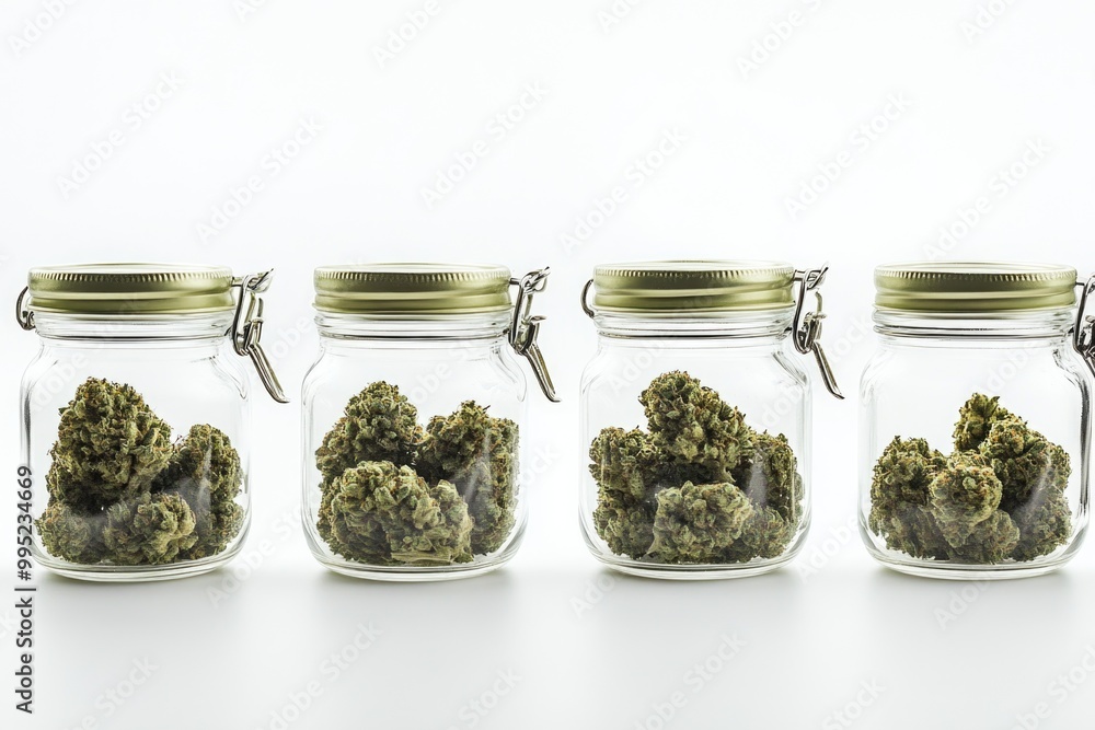 Four Glass Jars Filled with Dried Cannabis Buds for Storage and Display Four Glass Jars Filled with Dried Cannabis Buds for Storage and Display
