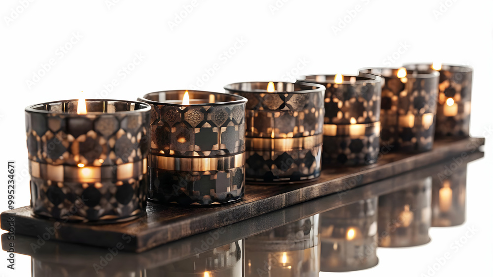 Seamless 3D Watercolor Tile Pattern of Hanukkah Candles in Upcycled Glass Holders - Eco-Friendly Zero Waste Concept with Earthy Colors Seamless 3D Watercolor Tile Pattern of Hanukkah Candles in Upcycled Glass Holders - Eco-Friendly Zero Waste Concept with Earthy Colors