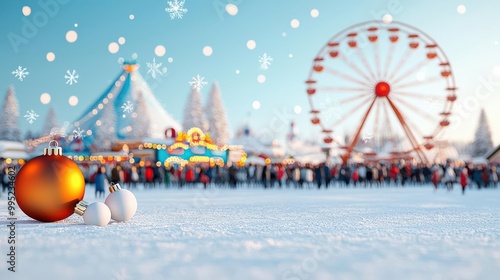 Festive winter carnival, Ferris wheel and holiday decorations, joyful crowd, 3D illustration photo