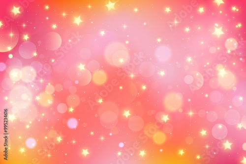 Pink bokeh background with glitter and cute stars. Dreamy golden sky with pastel light and sparkles. Vector abstract fantasy magic glowing gradient bg. Ivory shiny backdrop for invitation and poster.