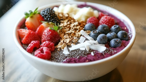 A colorful acai bowl topped with fresh berries, coconut flakes, chia seeds, and granola, served with a smoothie.