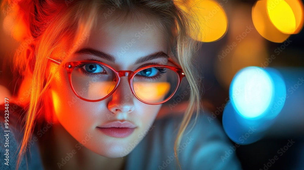 Fototapeta premium Young Woman in Glasses Looking at the Camera with a Thoughtful Expression
