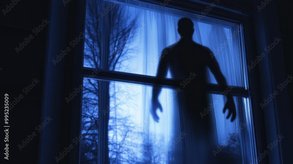 Blurred ghost silhouette in bedroom window at night horror scene on Halloween Blurred ghost silhouette in bedroom window at night horror scene on Halloween